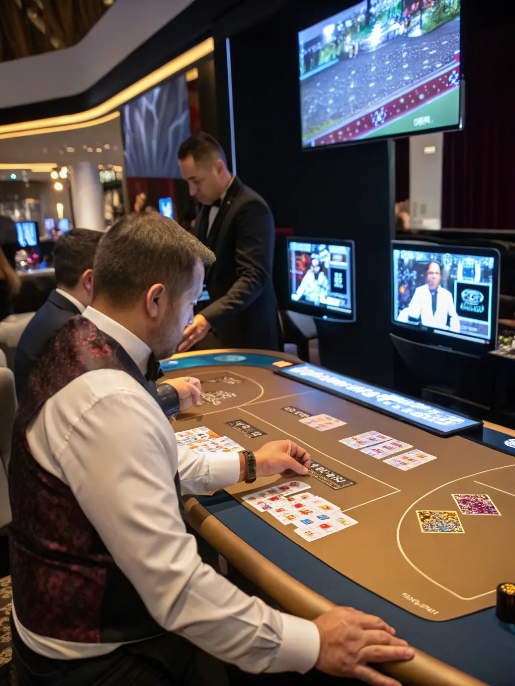A vibrant image showcasing a live dealer in a New88 casino setting, dealing cards at a blackjack table. The scene is lively with other players and casino ambiance.
